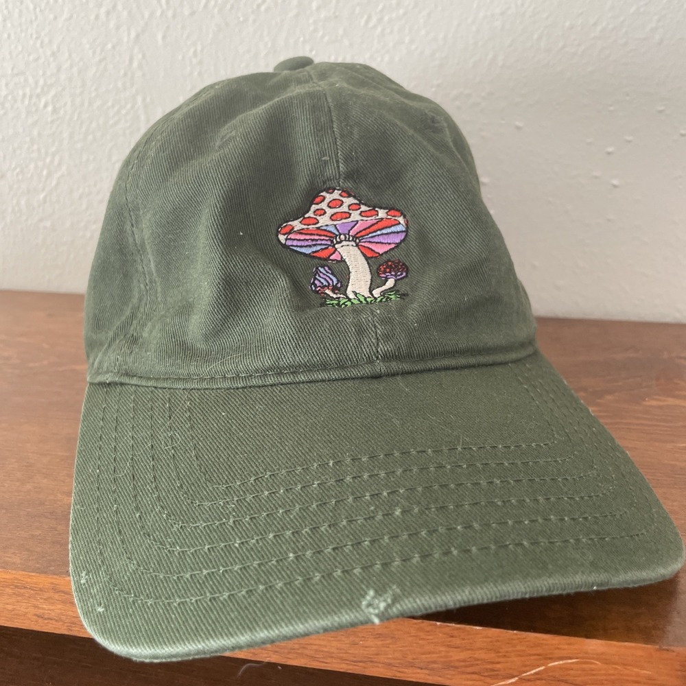 Shrooms Hat Green Cap Unisex 90s Distressed Embroidered Hippie Mushrooms *READ